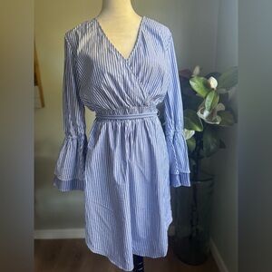 a new day Blue Striped Mini Dress bell sleeves v neck ties costal medium‎ boho